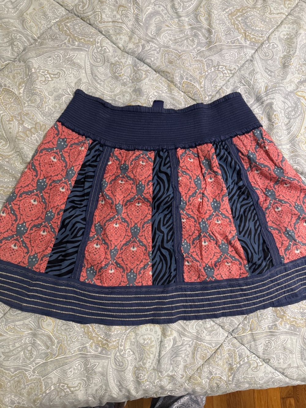 Free People Navy and Coral Patchwork Skater Skirt Size Small